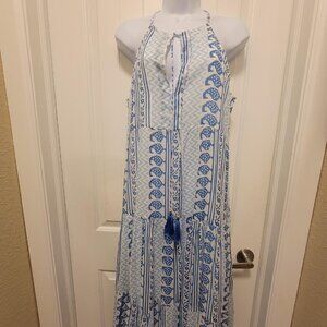 NWOT Oliphant Long Sleeveless Tiered Tassel Dress Blue and White - Size Large